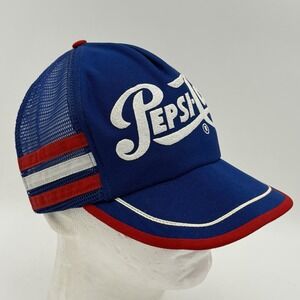 Vintage Blue Red Pepsi Cola 3 Stripe Snapback Mesh Trucker Hat Made USA RARE 70s